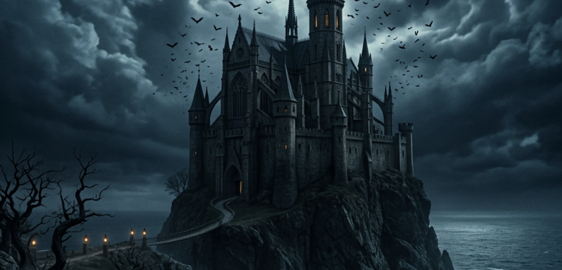 Gothic castle with lit windows on rocky cliff surrounded by ocean and flying bats at night
